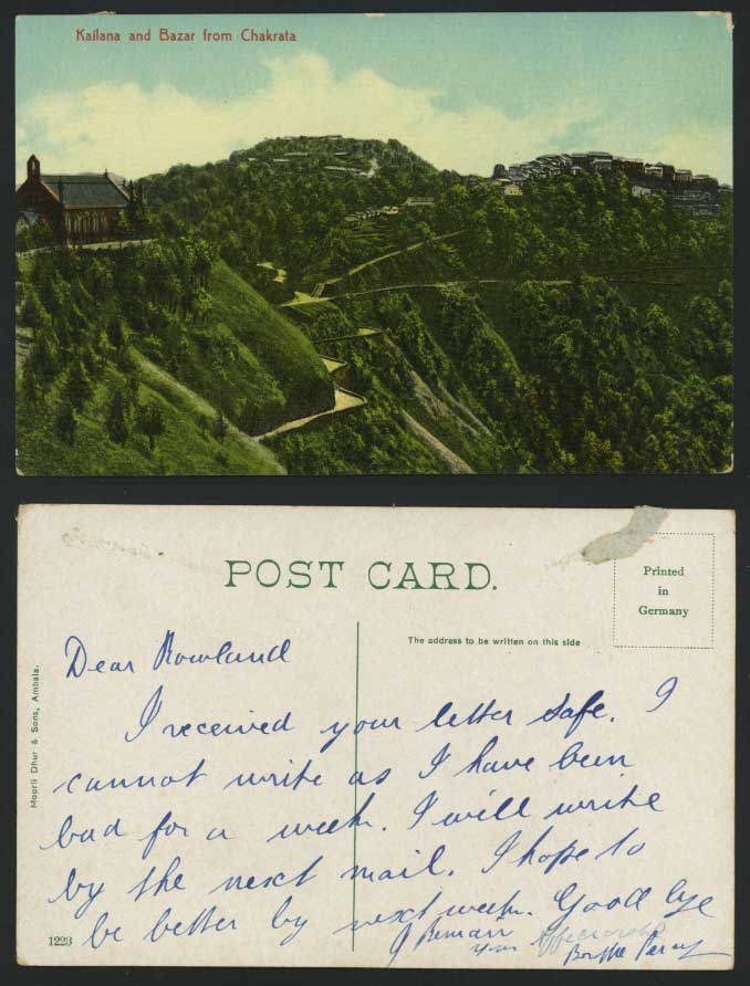 India Old Colour Postcard KAILANA & BAZAR from CHAKRATA Mountains Church Hills