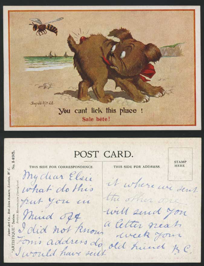 Donald McGill Old Postcard A Wasp, BEE Stung DOG's Tail