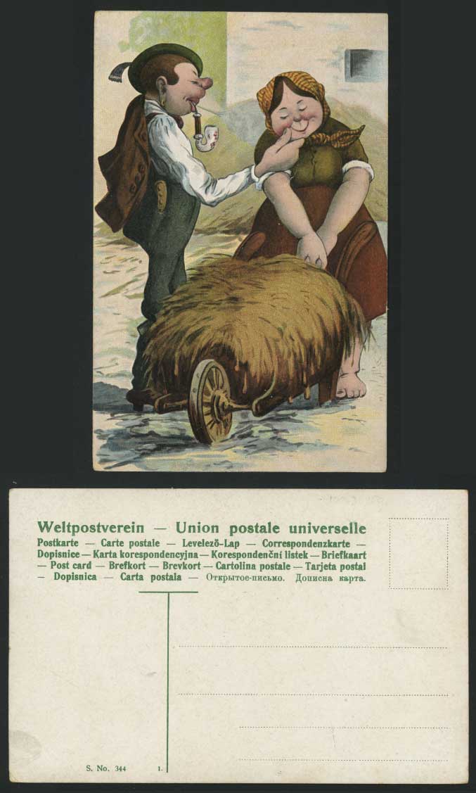 Man Smoking Pipe, Peasant Farmer Woman Old ART Postcard