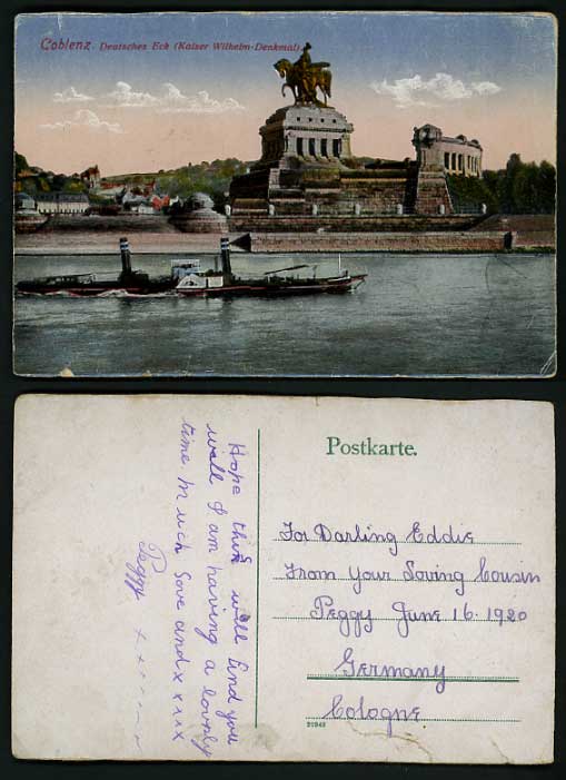 Germany Old Postcard KOBLENZ Deutsches Eck SHIP & HORSE