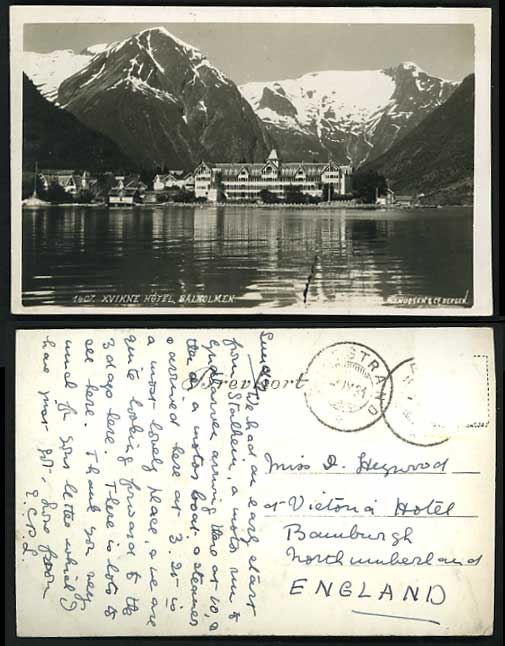 Norway 1931 PPC KVIKNE HOTEL Balholmen LAKE & MOUNTAINS