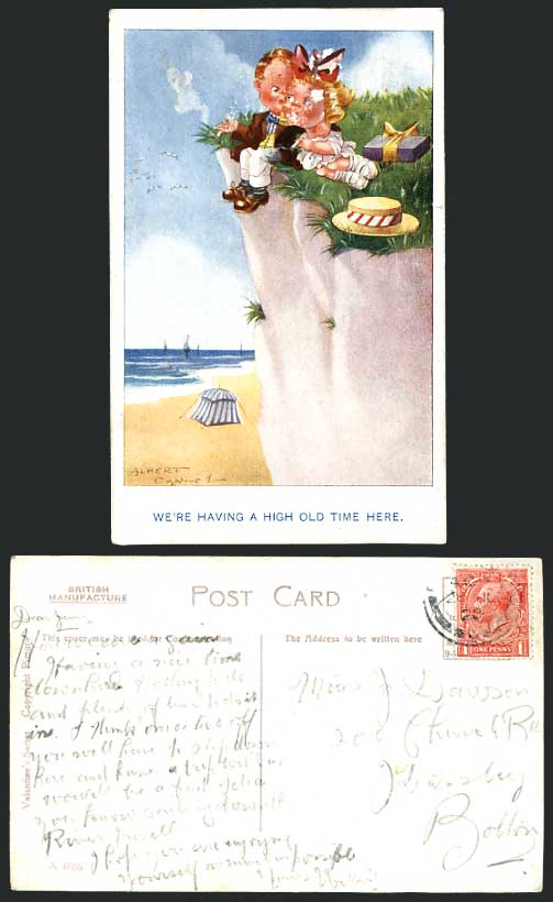 Albert Carnell Signed Old Postcard BOY & GIRL AT BEACH