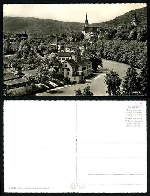 Swiss Old Real Photo Postcard BADEN River Church Trees