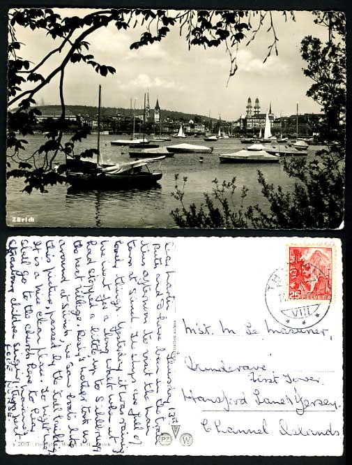 Swiss 1950 Old RP Postcard ZUERICH Lake & Sailing Boats