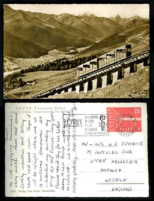 Swiss 1958 Old Postcard LUCERNE Parsenn-Bahn Piz d'Aela