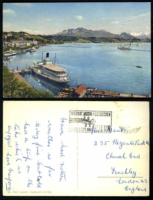 Swiss 1956 Old PPC LUCERNE Seebucht mit Rigi BOAT LAKE