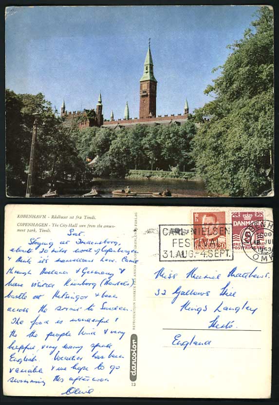 Denmark Old Coloured Postcard 1953 COPENHAGEN City Hall