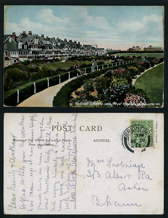 Sussex 1912 Old Postcard - Redoubt Gardens Royal Parade