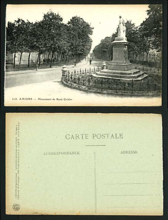 France B/W Old Postcard AMIENS Monument de Rene Goblet