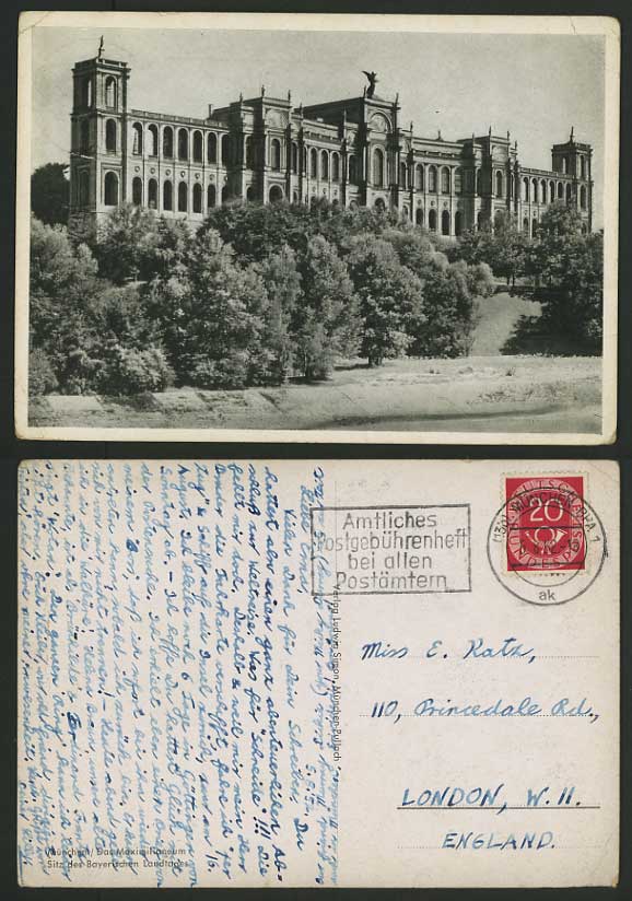 Postcard MUNICH 1952 Maximilianeum Bavarian Parliament