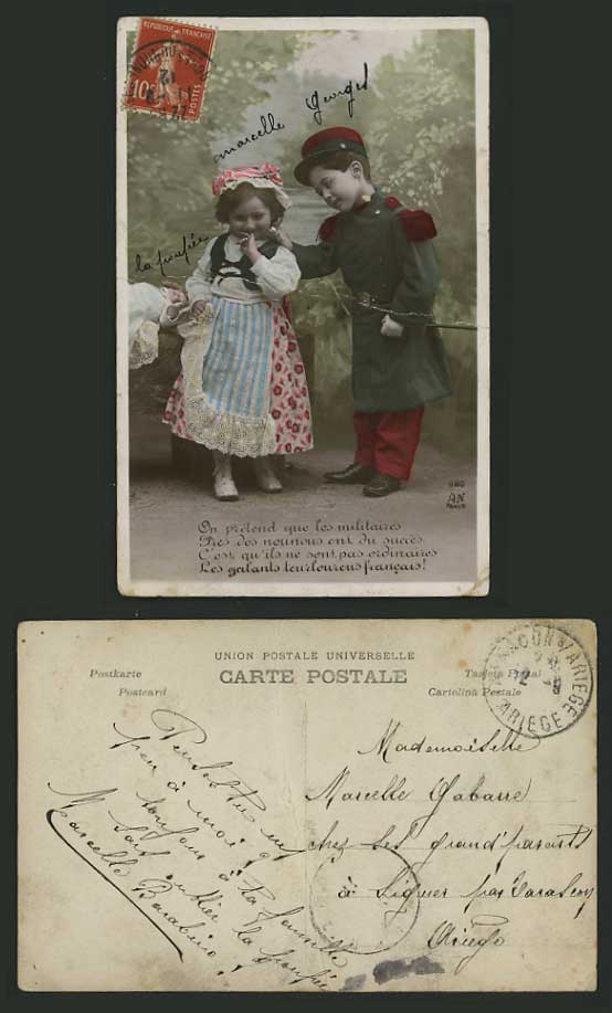 France 1912 Old Postcard Little GIRL & BOY IN UNIFORM