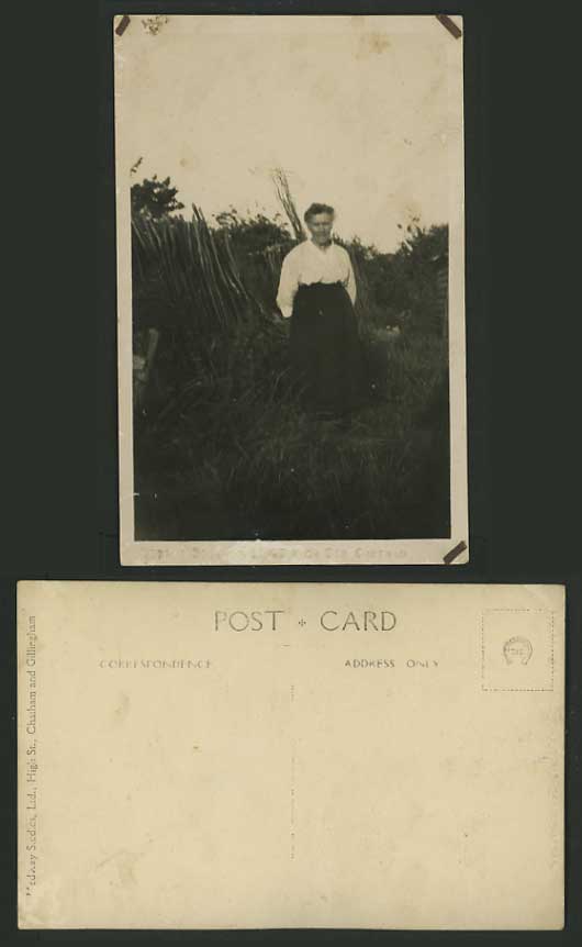 Vintage Old Real Photo Postcard An OLD LADY IN the FIELD Embossed Medway Studios