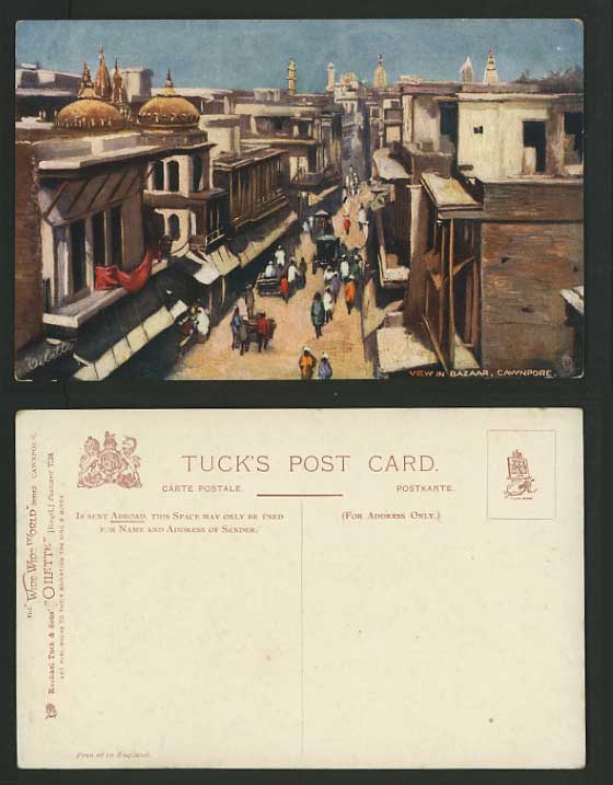 India Old Tuck's Oilette Postcard CAWNPORE Bazaar, Street Scene Kanpur