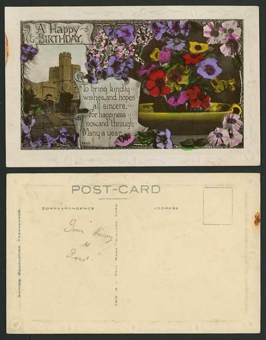 BIRTHDAY Greetings Old Hand Coloured Postcard Castle