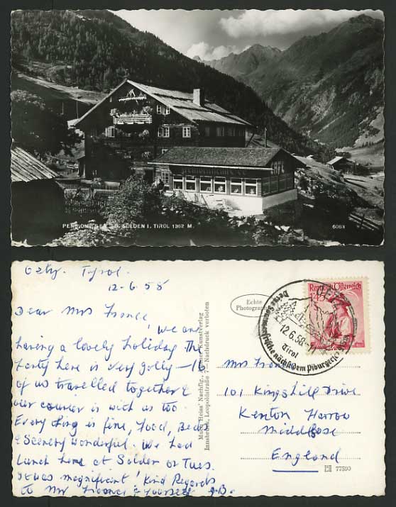 Austria 1958 RP Postcard Pension See B. Solden I. Tirol