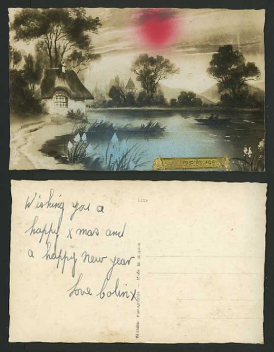 Old Colour Photo Postcard HAPPY CHRISTMAS Lake & Sunset