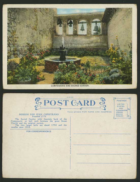 USA Old Postcard CAMPANARIO SACRED GARDEN Fountain Bell