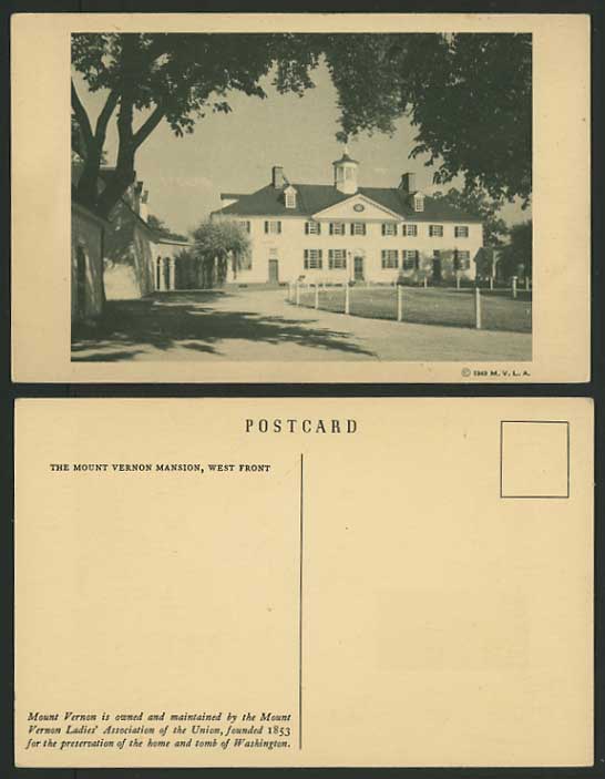 USA Old Postcard 1949 Mount Vernon Mansion, West Front