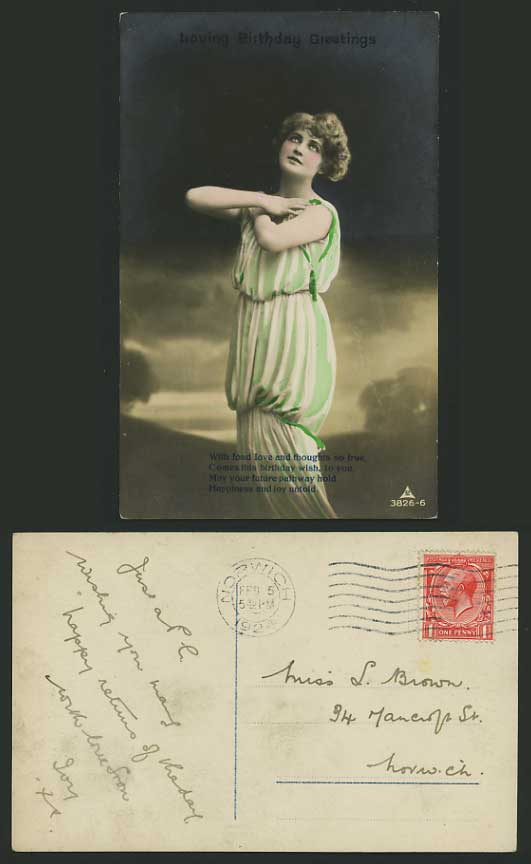 Birthday Greetings 1924 Old Postcard YOUNG WOMAN Lady