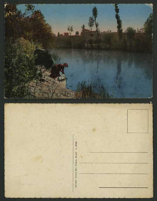Italy Milan Old Coloured Postcard A WOMAN by the RIVER
