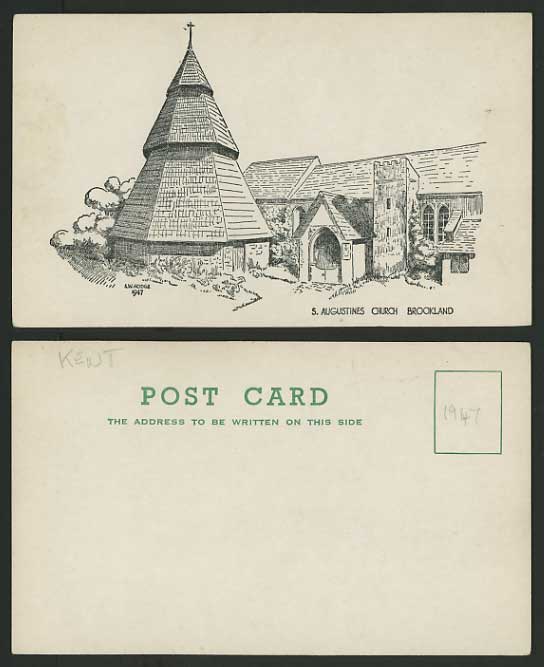 Kent Sketch 1947 Postcard S AUGUSTINES CHURCH BROOKLAND