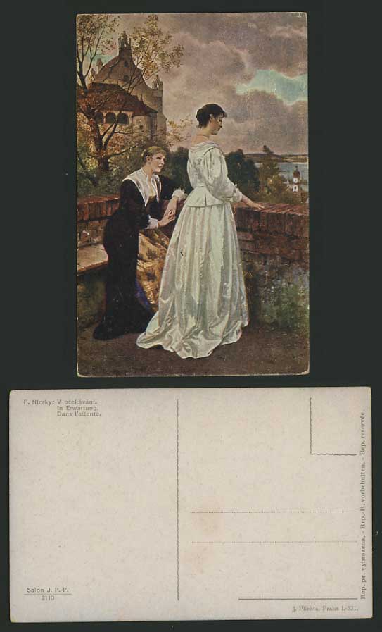 E. Niczky Old Coloured Art Artist Drawn Postcard WOMEN Painting