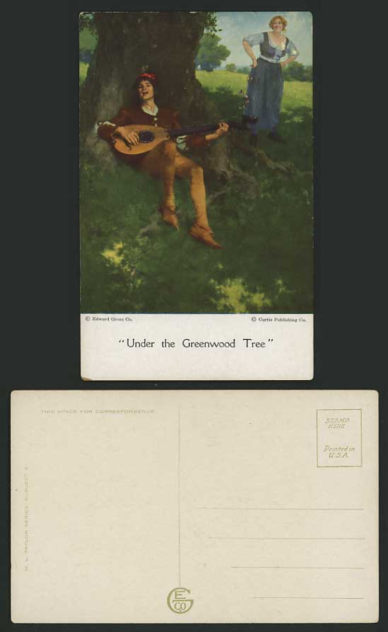 Art Artist Drawn Old Postcard Under the Greenwood Tree MAN PLAYING GUITAR, WOMAN