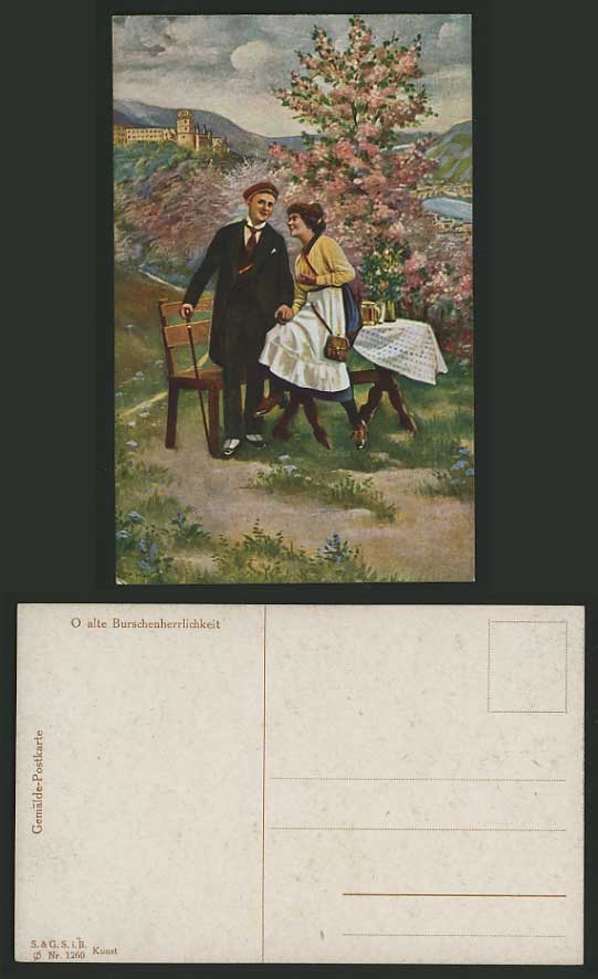 Artist Signed Old Postcard Couple Romantic Scene Flower