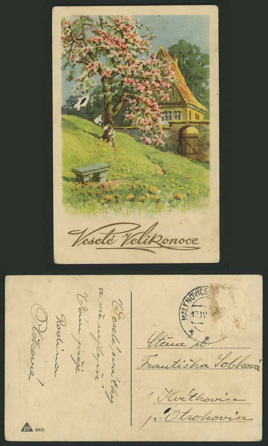 Artist Drawn Old Postcard BLOOMING TREES, HOUSE, BENCH