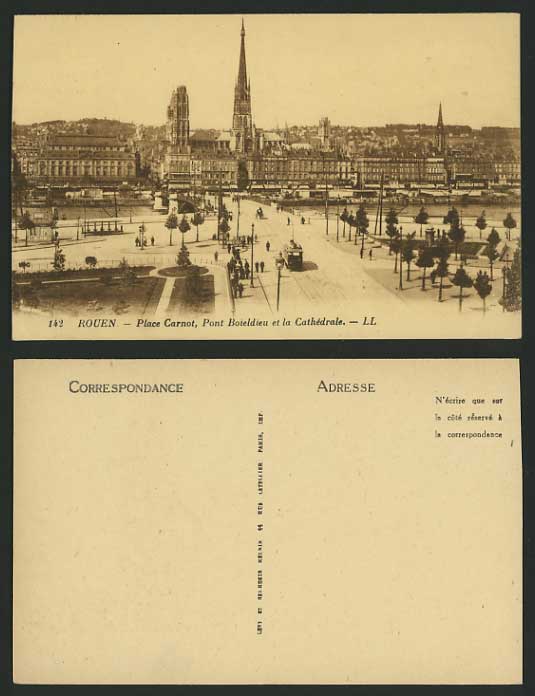 France L.L. Postcard ROUEN Place Carnot Pont Boieldieu