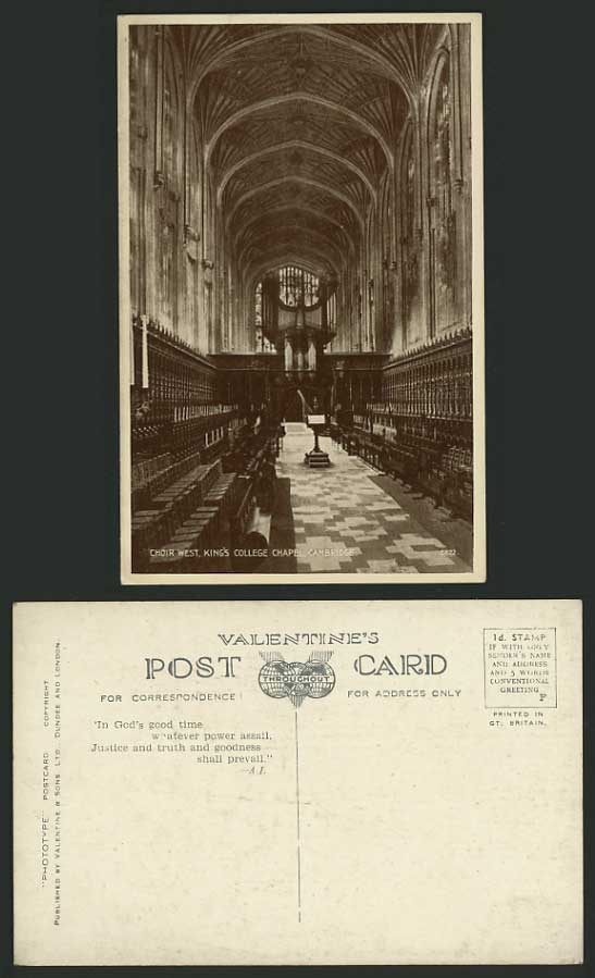 CAMBRIDGE Kings College Chapel CHOIR ORGAN Old Postcard