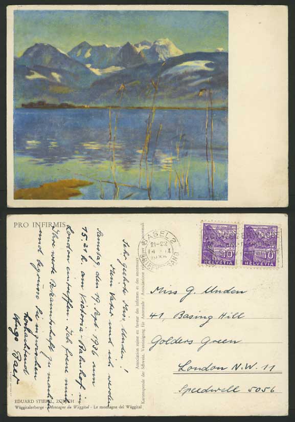 Swiss 1936 Old Art Drawn Postcard WAGGITALER MOUNTAINS