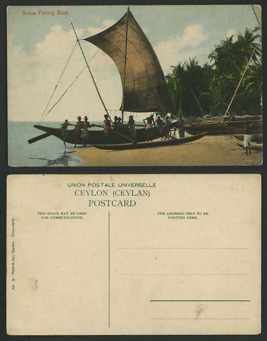 Ceylon Old Colour Postcard Fishermen NATIVE FISHING BOAT Sailing Boat, Beach Sea