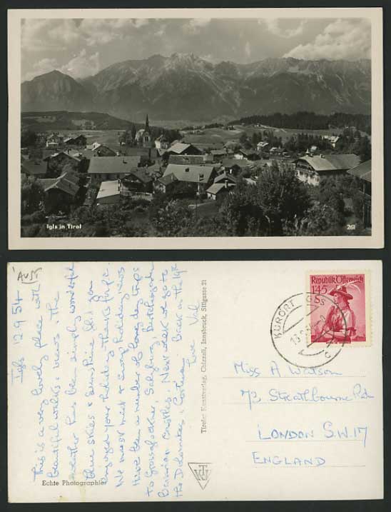 Austria 1954 Old RP Postcard Igls TYROL Church Mountain
