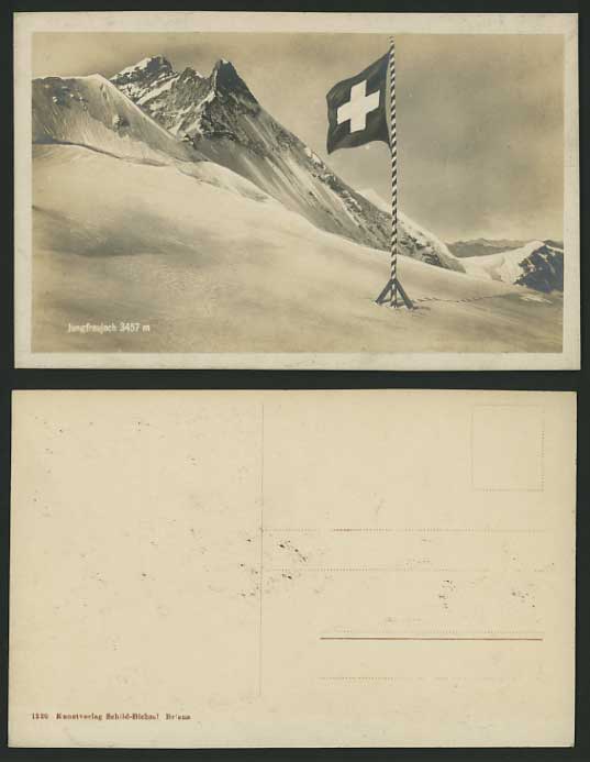 Switzerland Old R.P. Postcard JUNGFRAUJOCH & SWISS FLAG