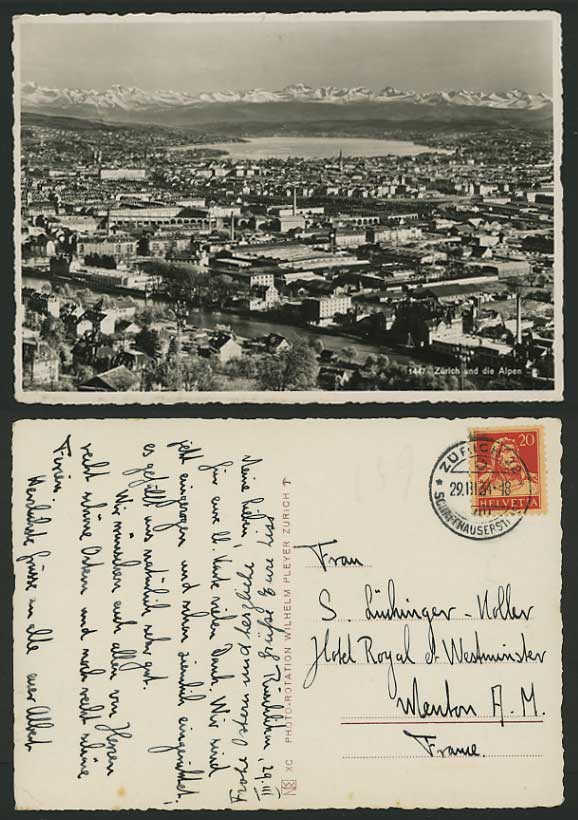 Switzerland 1934 Old Postcard ZUERICH and ALPS Panorama