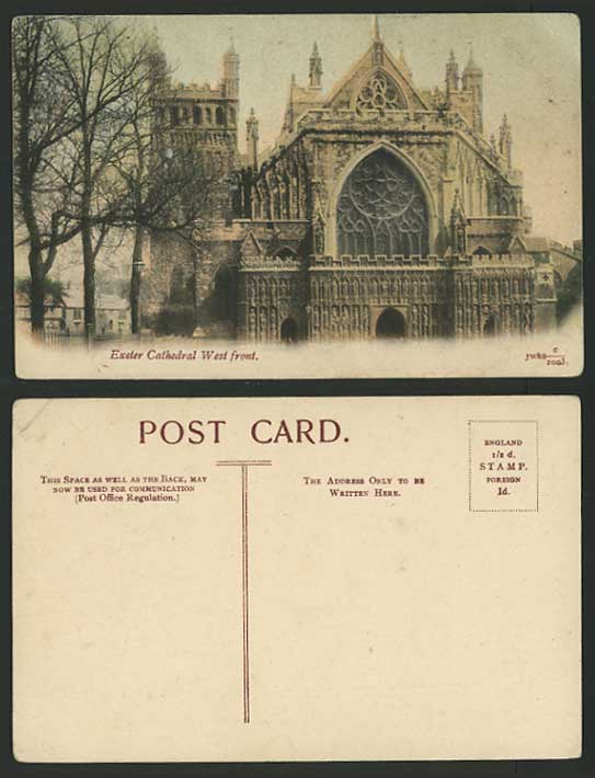 Devon Old Coloured Postcard EXETER Cathedral West Front