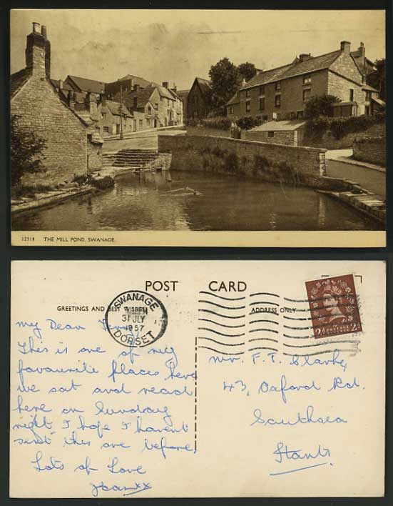 Dorset 1957 QE2 2d Old Postcard - SWANAGE The Mill Pond