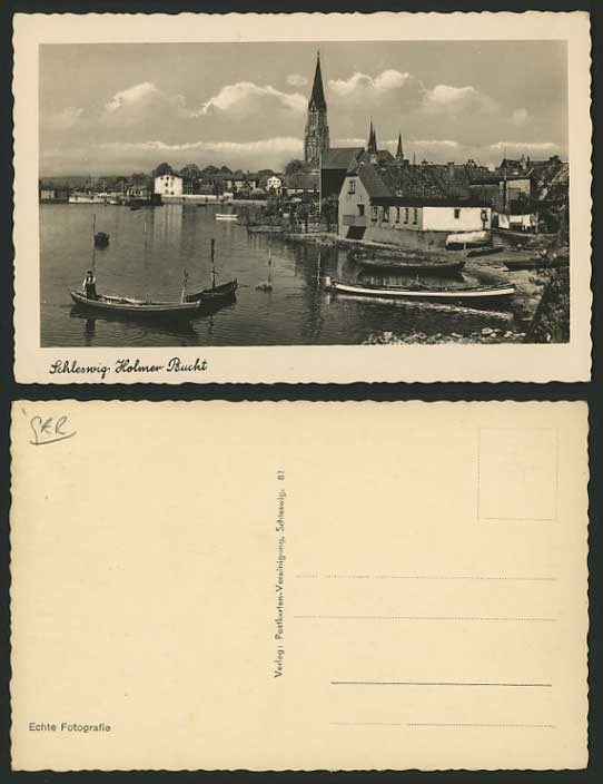 Germany Old RP Photo Postcard HOLMER BUCHT Boats Church