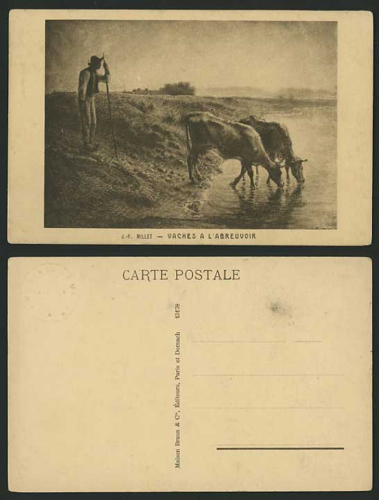 J.F. MILLET Artist Drawn Old Postcard Cows drinking