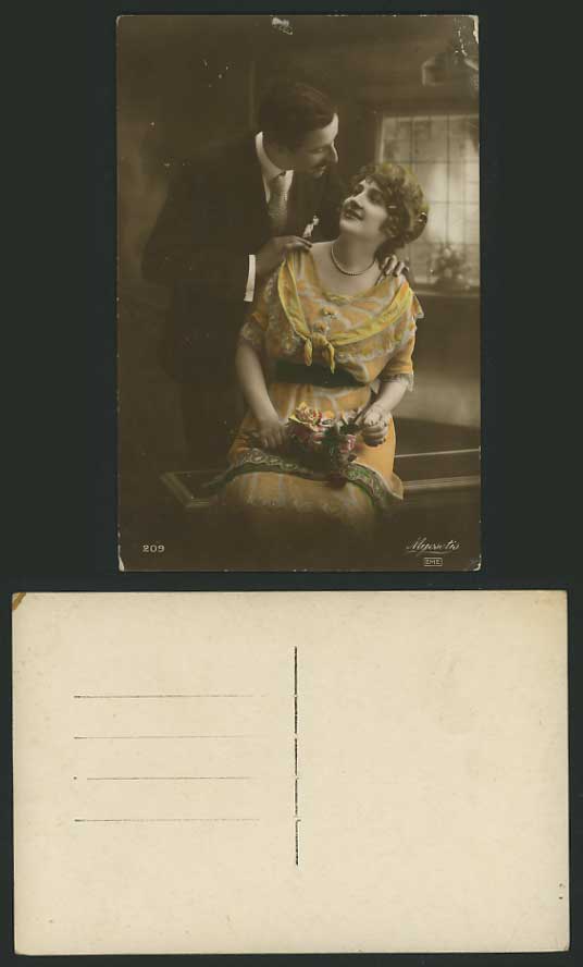 Romantic WOMAN & Man Flowers Handcoloured Old Postcard