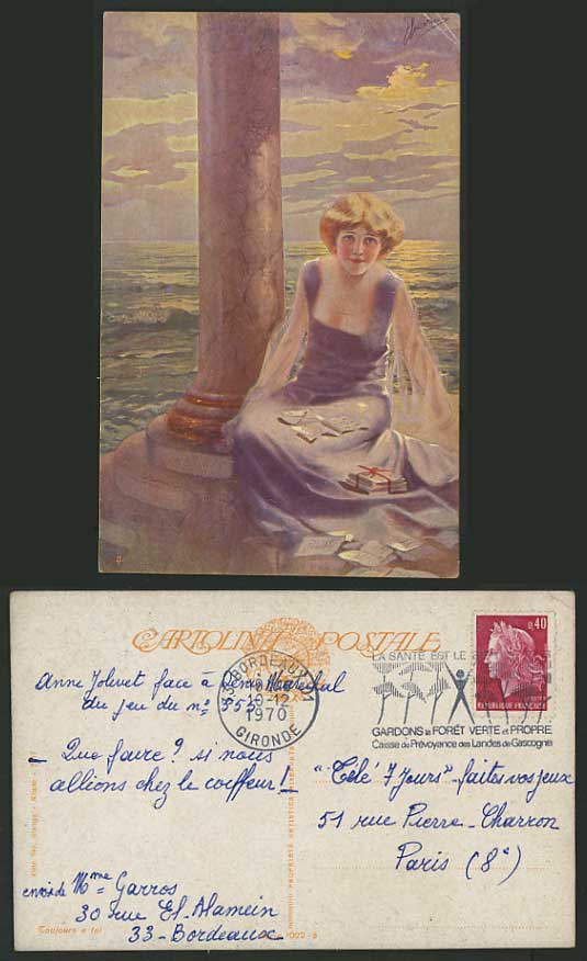 Artist Signed 1970 Postcard Glamour Girl Letters by Sea