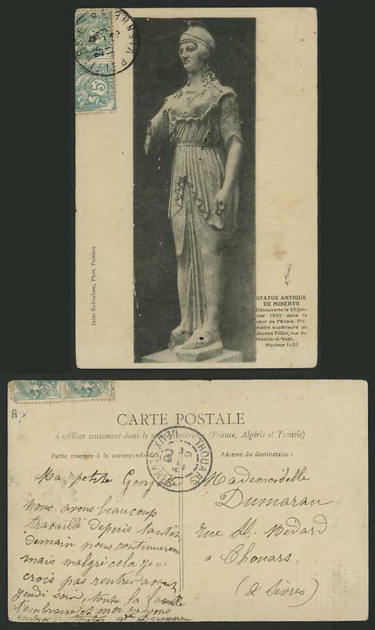 France 1908 Old Postcard Woman STATUE - ANTIQUE MINERVE