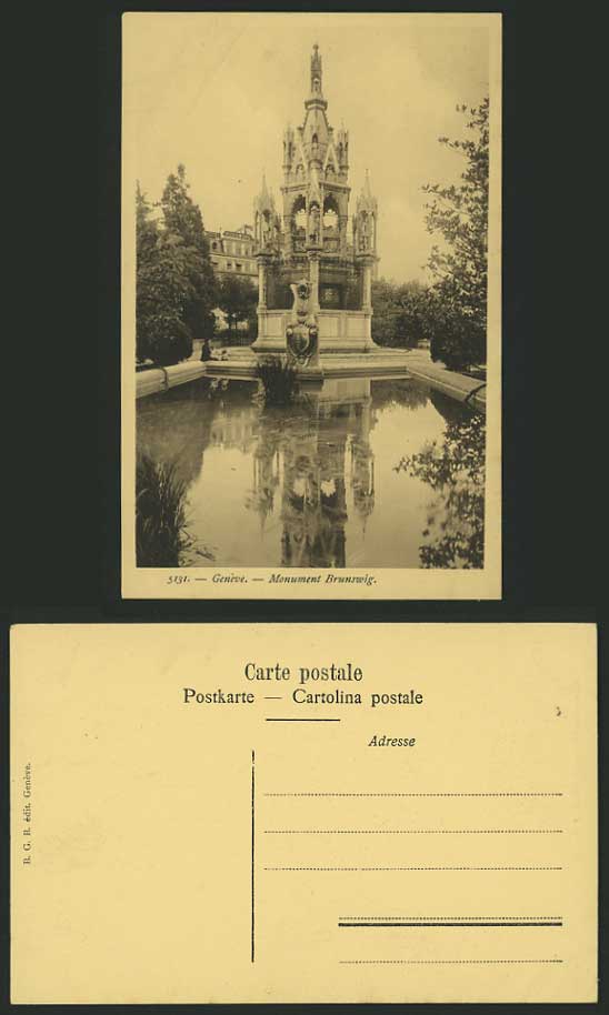 Switzerland Old Sepia Postcard Geneve Monument Brunswig