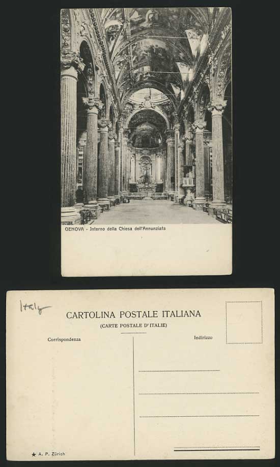 Italy Old B/W Postcard GENOA Interior of Church