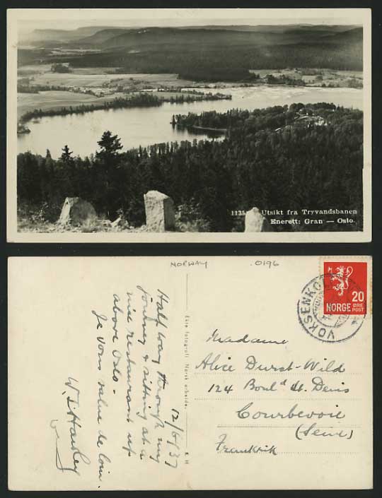 Norway 1937 Old Postcard Utsikt fra Tryvandsbanen LAKE
