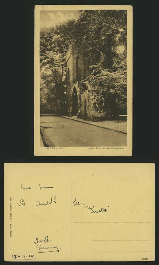 Germany 1919 Old Postcard NEUSS Alter Turm an Promenade