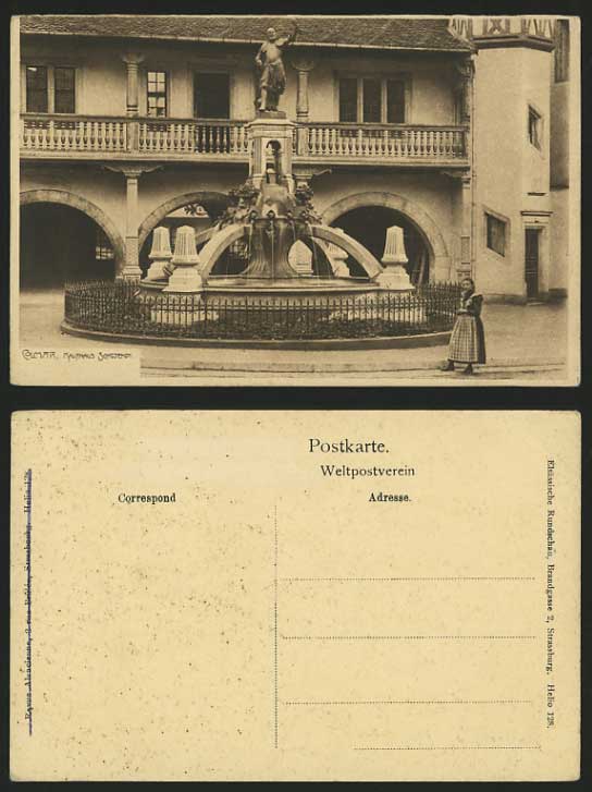 France Old B/W Postcard COLMAR Fountain Statue / a Girl