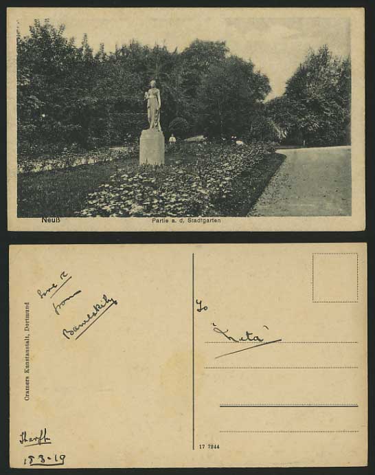 Germany 1919 Old Postcard NEUSS Park Woman Girl Statue