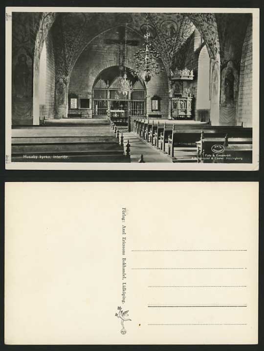 Sweden Old B/W RP Postcard HUSABY KYRKA Church Interior